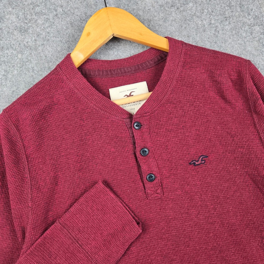 Hollister Henley Shirt Mens L Maroon Waffle Knit Thermal Long Sleeve Surf Y2K